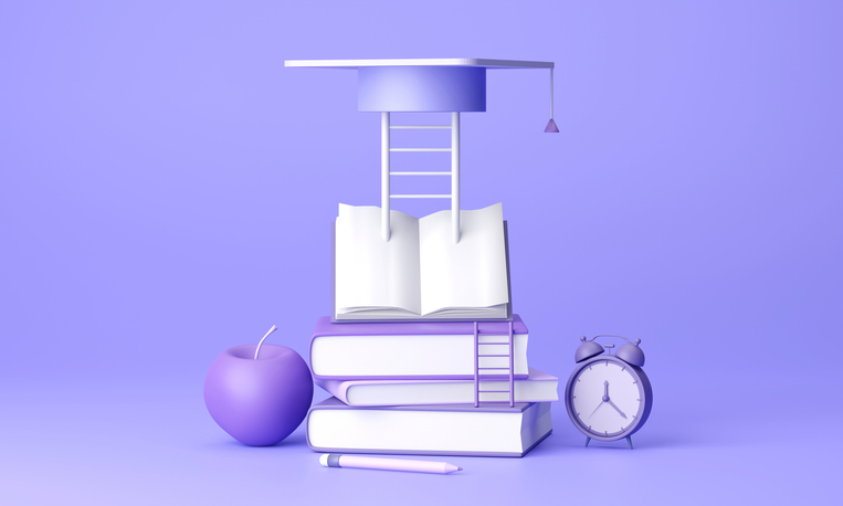 Banner für die Academy. Lernbücher und Stift.
